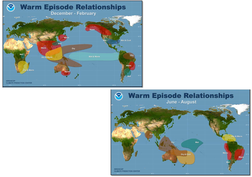 Relações de um episódio de El Niño com a chuva e a temperatura ao redor do globo no verão (acima) e inverno (abaixo). Créditos: Adaptado de CPC/NOAA.