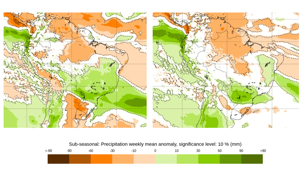Previsão de anomalia de chuva (mm) entre 12 e 19 (esquerda) e 19 a 26 de outubro (direita), segundo o ECMWF. Créditos: Meteored/ECMWF. Previsão de anomalia de chuva (mm) entre 12 e 19 (esquerda) e 19 a 26 de outubro (direita), segundo o ECMWF. Créditos: Meteored/ECMWF.