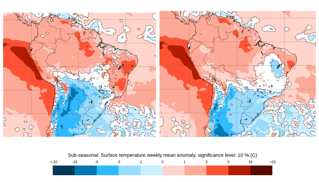 Previsão de anomalia de temperatura (°C) entre 12 e 19 (esquerda) e 19 a 26 de outubro (direita), segundo o ECMWF. Créditos: Meteored/ECMWF. Previsão de anomalia de temperatura (°C) entre 12 e 19 (esquerda) e 19 a 26 de outubro (direita), segundo o ECMWF. Créditos: Meteored/ECMWF.