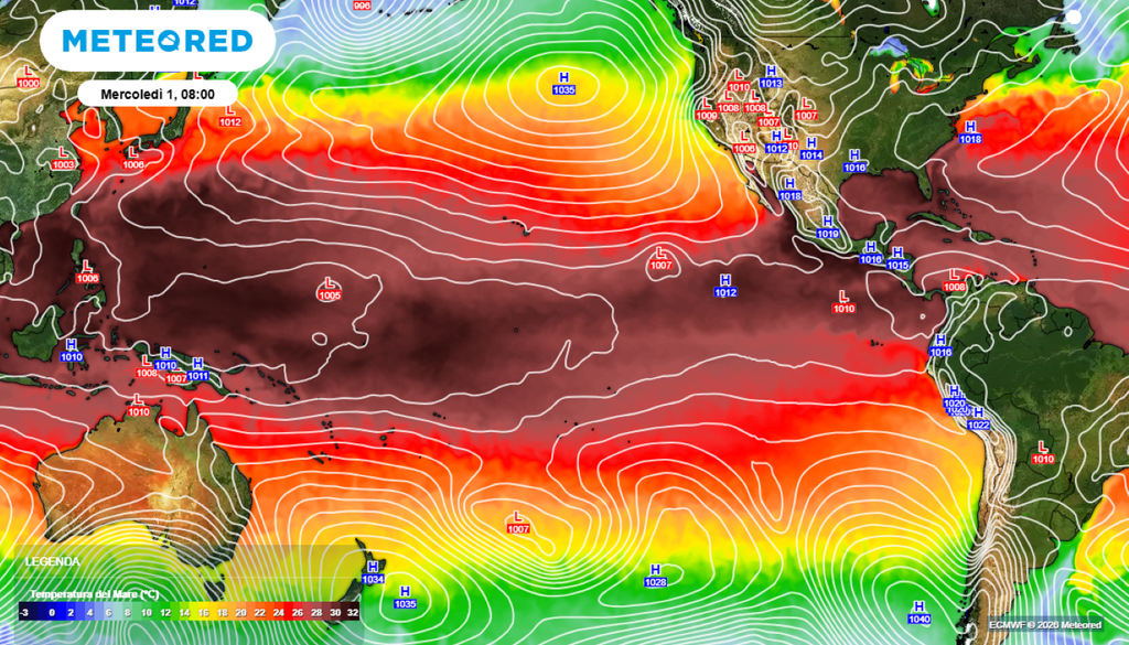 El Niño si rafforzerà verso l’inverno boreale 2026-2027, con probabilità elevata di diventare forte o molto forte. Il picco di rilascio di calore avviene tipicamente alcuni mesi dopo il massimo delle anomalie termiche oceaniche.