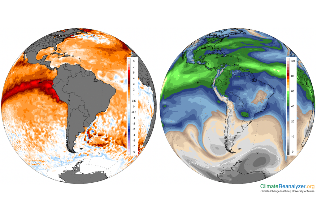 Anomalías Anomalías de temperatura superficial del mar (izquierda) y contenido de vapor de agua (derecha). Los aumentos de la temperatura superficial del mar favorecen el aumento del contenido de vapor de agua. Fuente: GFS, desde Climate Reanalyzer.