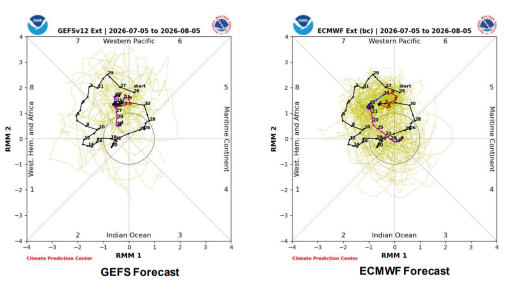 Los modelos GEFS y ECMWF proyectan que la MJO retrocedería hacia la fase 6 y luego avanzaría lentamente por la fase 7. Durante la tercera semana, la señal tendería a debilitarse mientras se aproxima a la fase 8. Los modelos GEFS y ECMWF proyectan que la MJO retrocedería hacia la fase 6 y luego avanzaría lentamente por la fase 7. Durante la tercera semana, la señal tendería a debilitarse mientras se aproxima a la fase 8. Créditos: NOAA/CPC. Créditos: NOAA/CPC.