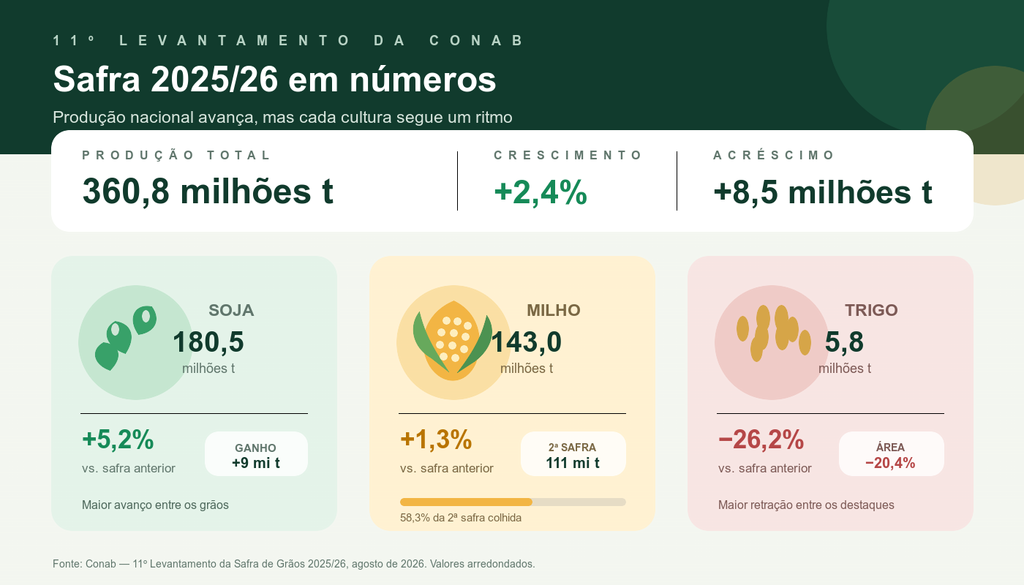 A safra brasileira de grãos cresce em 2025/26, impulsionada pela soja e pelo milho, enquanto o trigo registra forte redução na produção.