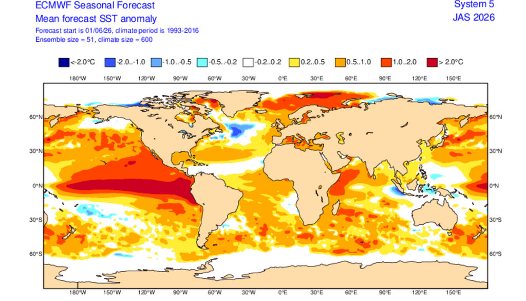 Previsão de temperatura da superfície do mar para julho-agosto-setembro pelo ECMWF indica ampla área com anomalias superiores a 2°C. Créditos: ECMWF.