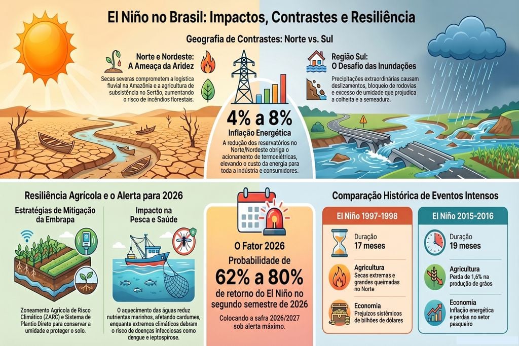 Principais contrastes do El Niño no Brasil, com impactos opostos entre o Norte e o Sul e alerta para a safra 2026/27.