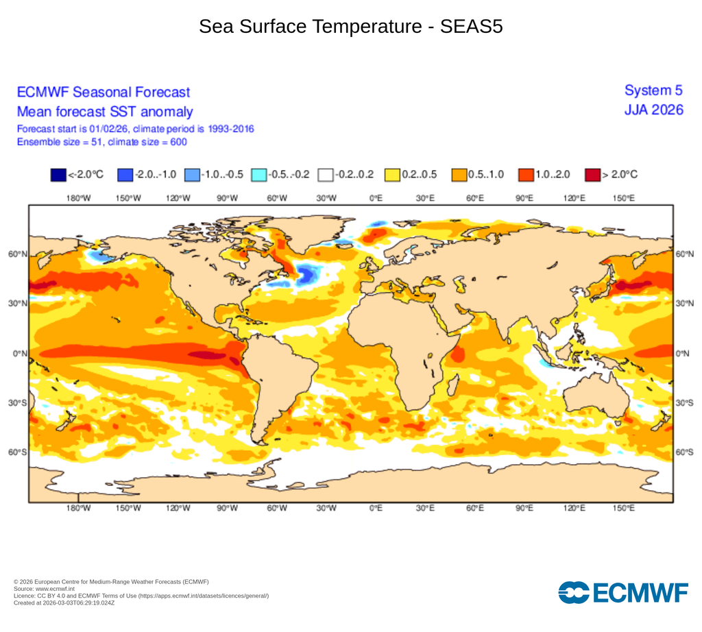 Anomalías previstas, para junio, julio y agosto de 2026, de la temperatura de las aguas con anomalías frías/cálidas en tonalidades azules/rojas, según ECMWF. Nótese las anomalías cálidas en el Pacífico ecuatorial.