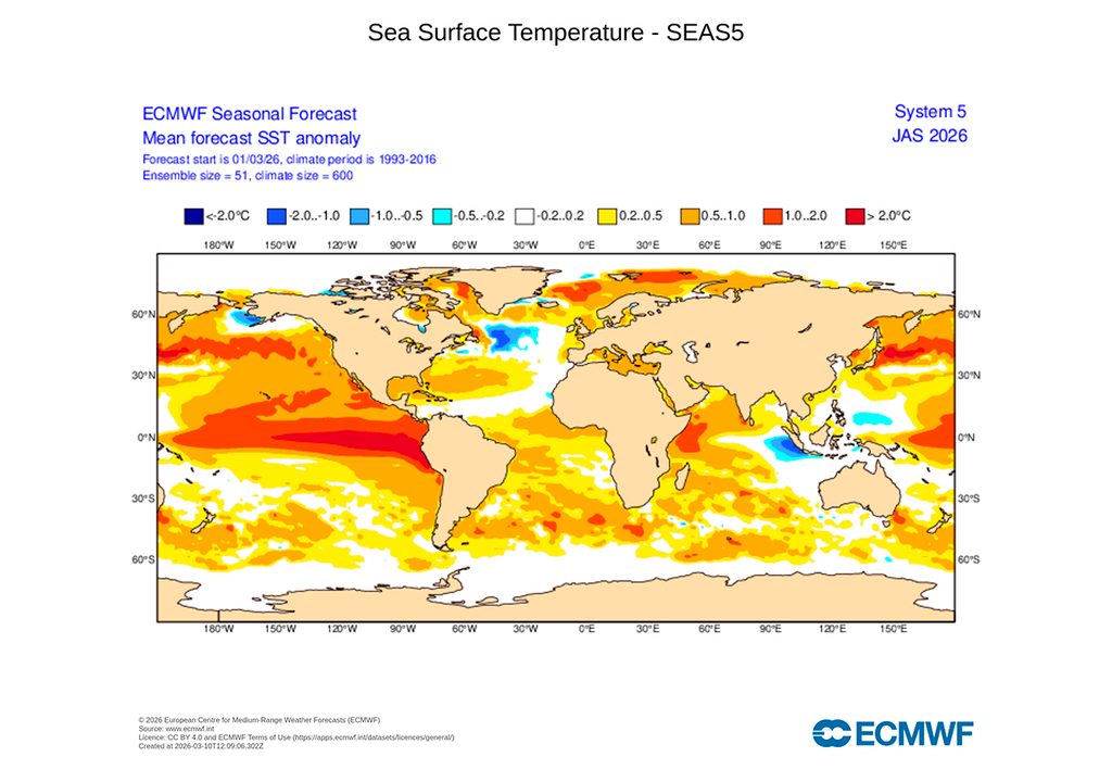 Previsión estacional de anomalías de la temperatura superficial del mar del ECMWF. El calentamiento del Pacífico ecuatorial es una señal asociada a episodios de El Niño.