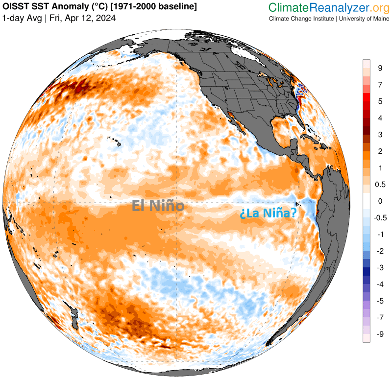 Sea water temperature anomalies in the equatorial Pacific with cold/warm anomalies in blue/red tones, respectively as of 12 April, 2024. Climate Reanalyzer.