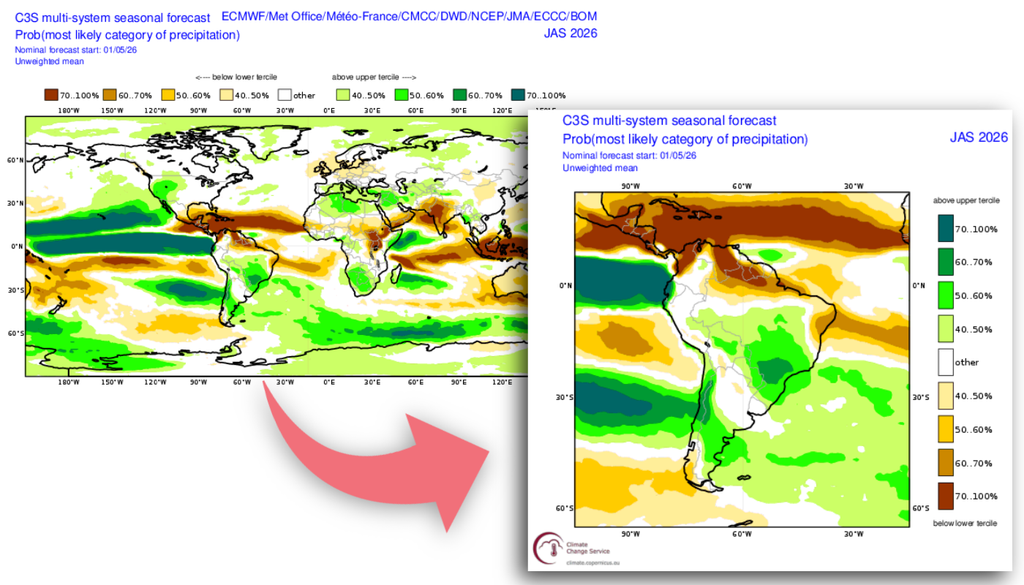 Previsão climática de precipitação do ensemble multi-modelo do Copernicus para julho-agosto-setembro, com destaque para a América do Sul. Créditos: Elaborado por Meteored/Fonte: Copernicus/ECMWF.