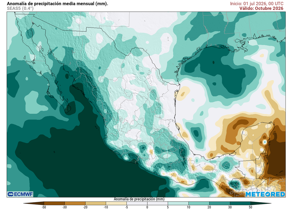 Anomalía de precipitaciones en octubre. Modelo ECMWF Para el otoño, las lluvias rápido pueden incrementar, siendo probables eventos importantes con efectos de ciclones tropicales en el Pacífico y los primeros frentes fríos.