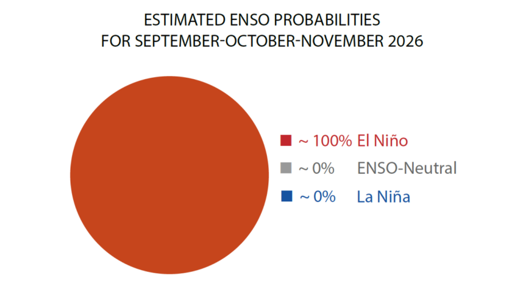 La OMM estima una probabilidad cercana al 100 % de condiciones de El Niño durante la primavera de 2026, mientras el fenómeno aún podría seguir intensificándose hacia fines de año. La OMM estima una probabilidad cercana al 100 % de condiciones de El Niño durante la primavera de 2026, mientras el fenómeno aún podría seguir intensificándose hacia fines de año. Fuente: OMM.