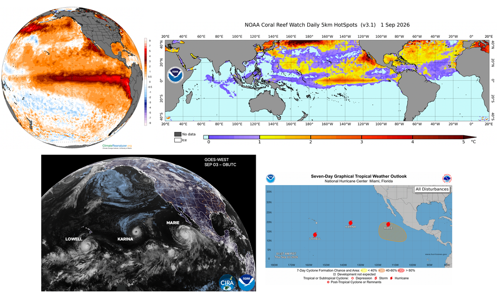 Los huracanes Lowell, Karina y Marie, conviviendo en el Pacífico tropical a comienzos de septiembre. El Niño ha vuelto al Pacífico en una zona ideal para la formación de estas tormentas. Fuente: NOAA, CPC, CIRA.