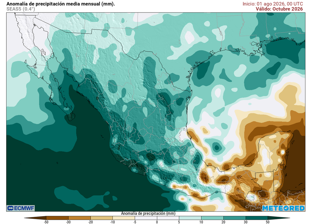 Anomalía de precipitaciones para octubre de 2026 Los escenarios se ajustan a un otoño lluvioso en gran parte de México, bajo amenaza de ciclones y sistemas invernales, excepto el sureste donde seguiría el déficit.