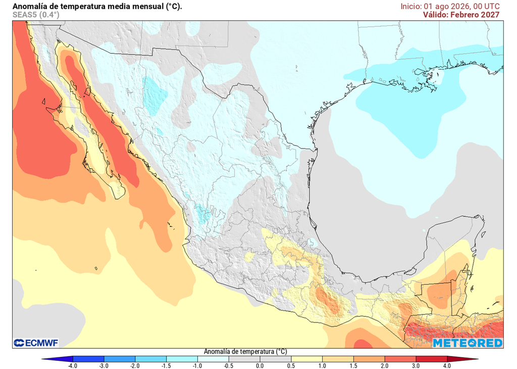 Anomalía de temperaturas para febrero de 2027. El frío podría volver a sentirse con intensidad y frecuencia en México como no ocurría en más de 10 año sobre la mitad centro-norte del país, además de lluvias.