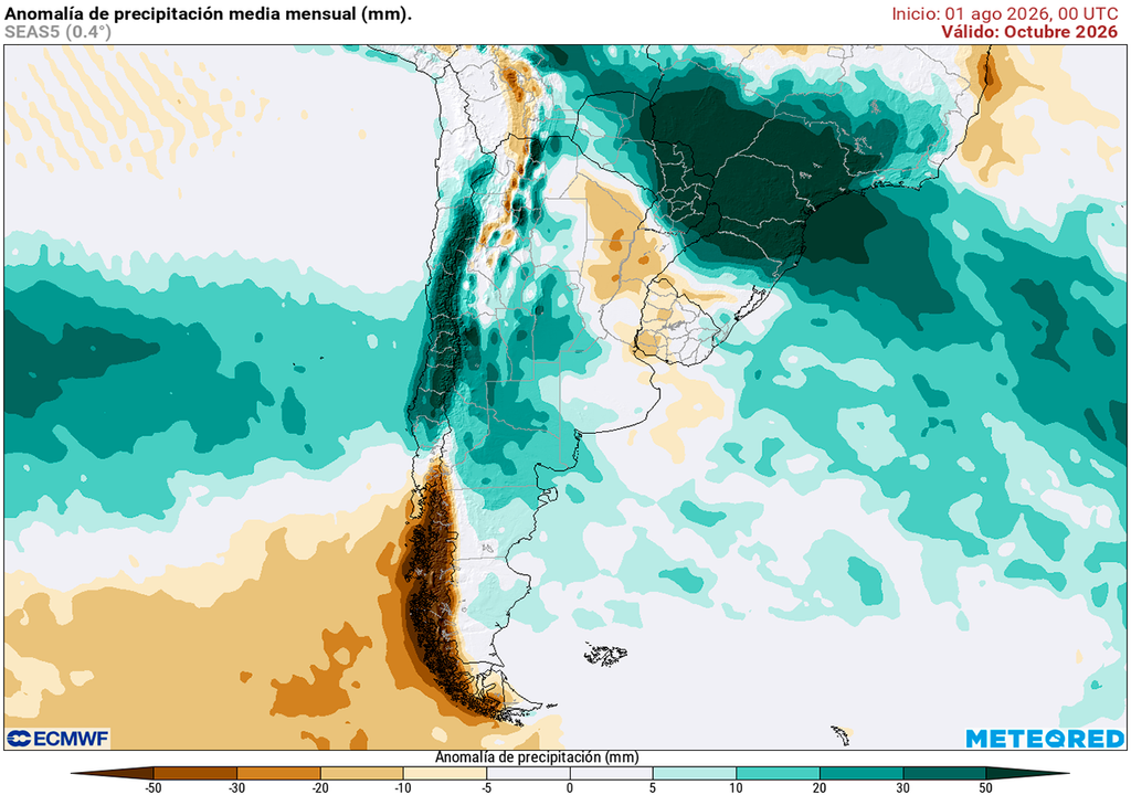 Pronóstico, Clima, Tiempo, Argentina Anomalía de precipitaciones para el mes de octubre según nuestro modelo de referencia el ECMWF