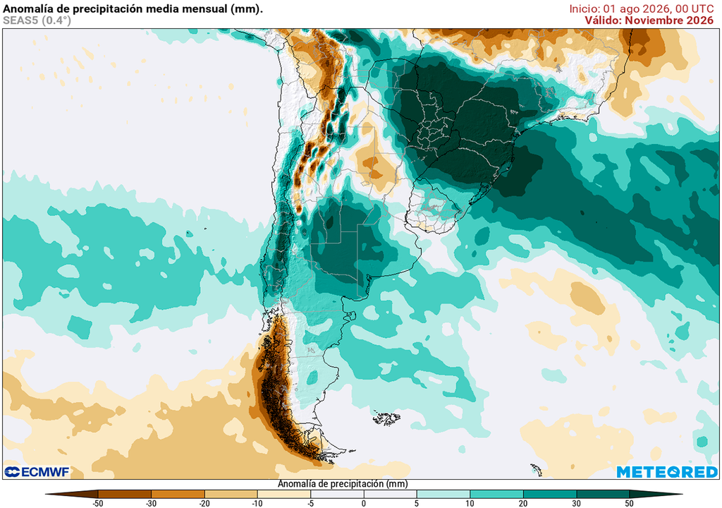 Pronóstico, Clima, Tiempo, Argentina Anomalía de precipitaciones para el mes de noviembre según nuestro modelo de referencia el ECMWF