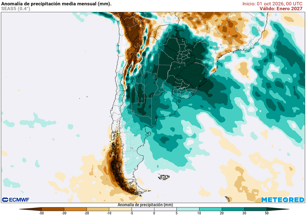 Pronóstico, Clima, Tiempo, Argentina Anomalía de precipitaciones para el mes de enero según nuestro modelo de referencia el ECMWF