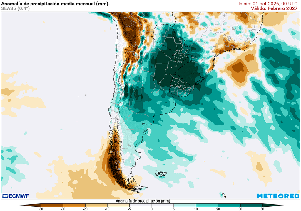 Pronóstico, Clima, Tiempo, Argentina Anomalía de precipitaciones para el mes de febrero según nuestro modelo de referencia el ECMWF