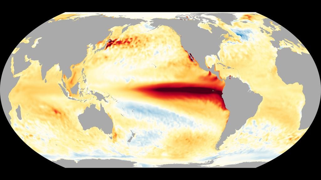 El último análisis del ECMWF pronostica un pico de +4.1°C en diciembre. De ser así, este será El Niño el más fuerte registrado. Sin embargo, no es correcto relacionar esta mayor intensidad con una mayor severidad generalizada de impactos, ni que estos sean uniformes en todas las regiones.