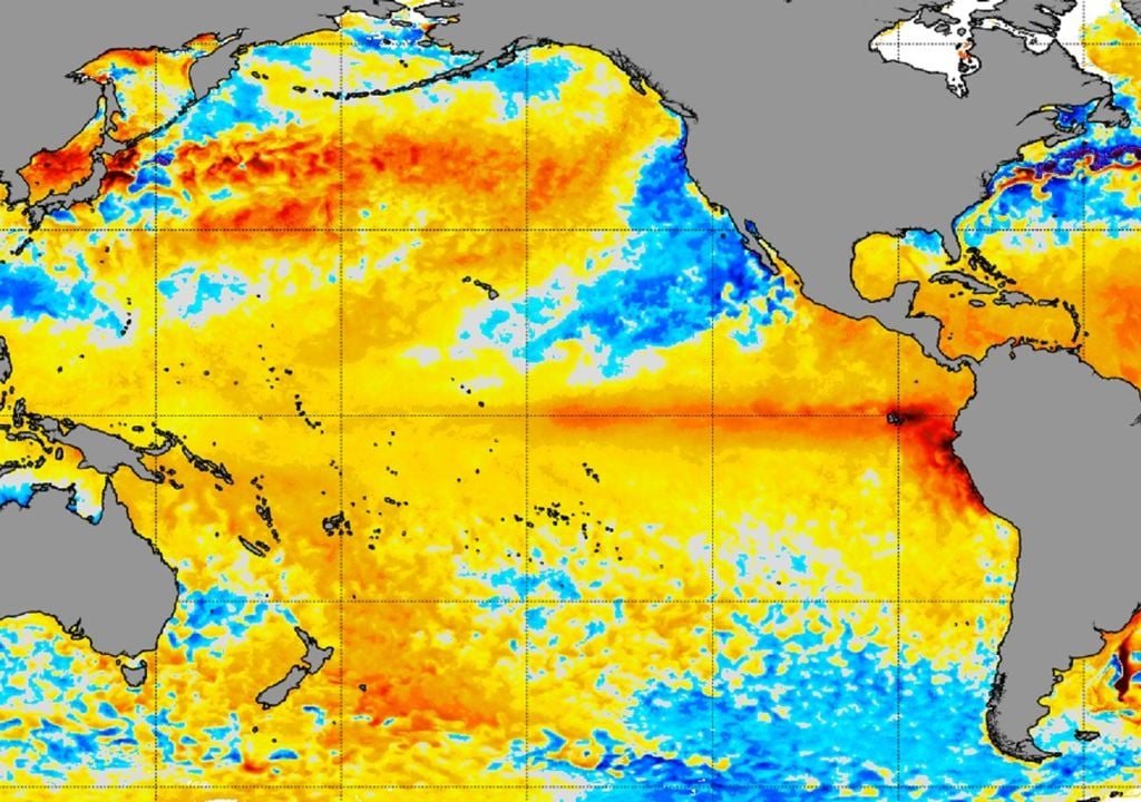 mapa de anomalias de temperatura de la superficie del mar. El fenómeno del Niño ha comenzado.