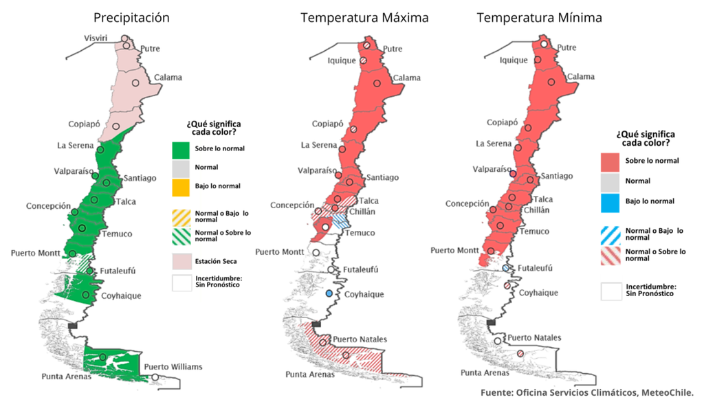Proyección climática para julio-agosto-septiembre anticipa lluvias sobre lo normal en gran parte del país y temperaturas superiores a lo habitual. Crédito: Dirección Meteorológica de Chile.