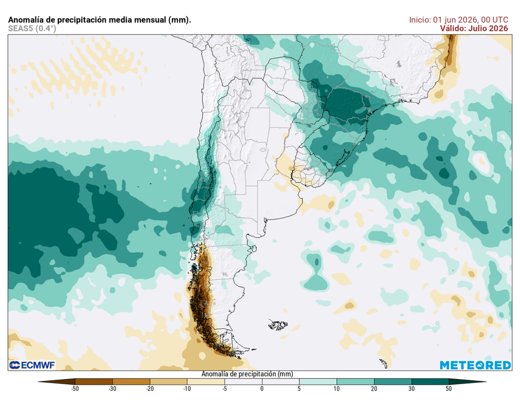 mapa de anomalía de precipitación de julio. El modelo ECMWF proyecta anomalías positivas de precipitación para julio de 2026 en sectores de Chile, una señal que aumenta la probabilidad de lluvias, aunque no garantiza eventos intensos en todas las regiones.