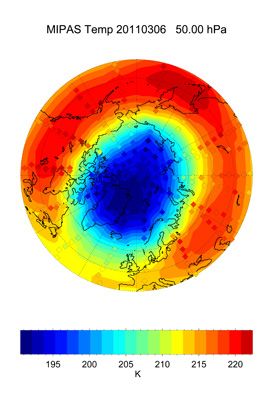 El Nivel De Ozono Alcanza Un Mínimo Histórico Sobre El ártico Distribución de temperaturas sobre el Ártico Créditos: Karlsruher Institut für Technologie (KIT)