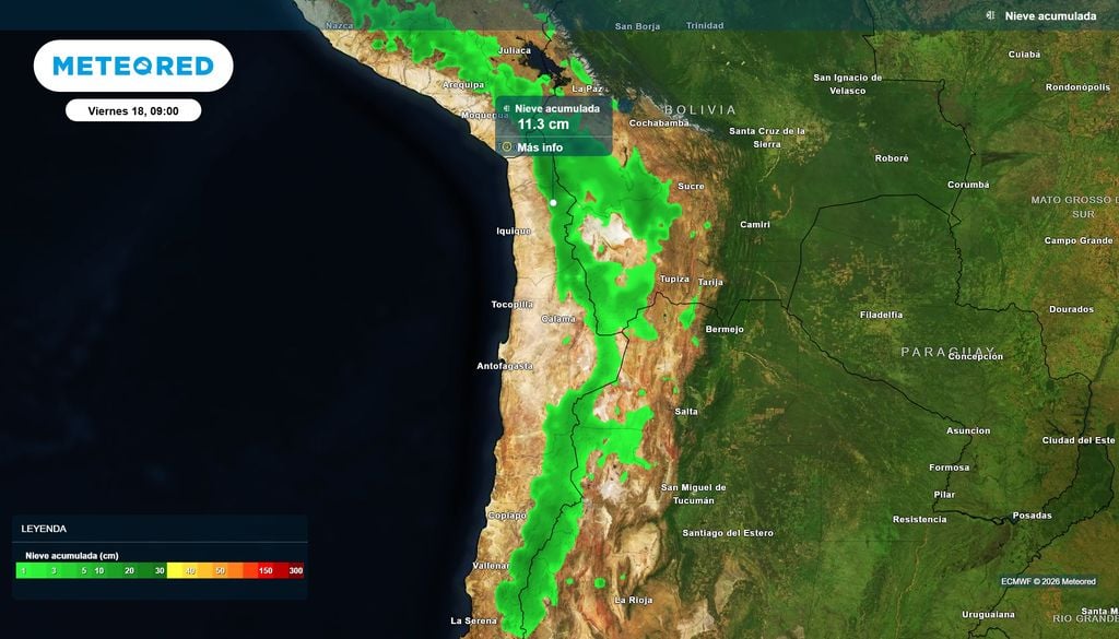acumulación de nieve. El aviso de nevadas A477/2026 contempla acumulados de entre 5 y 12 cm en la cordillera de Arica y Parinacota y Tarapacá, vigentes hasta la madrugada del viernes 18.