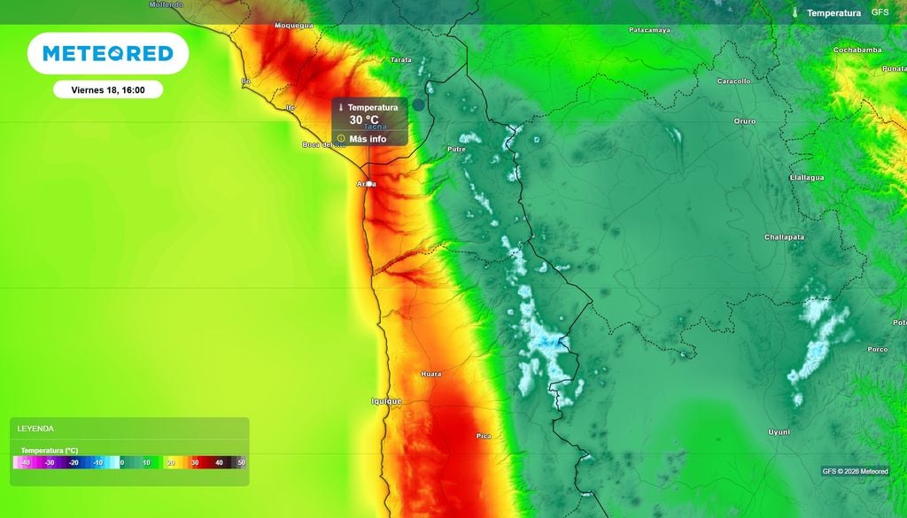 mapa de temperatura. El aviso A482/2026 pronostica altas temperaturas en el litoral de Arica y Parinacota para el viernes 18, con máximas que se situarán entre los 30 y 32 °C.