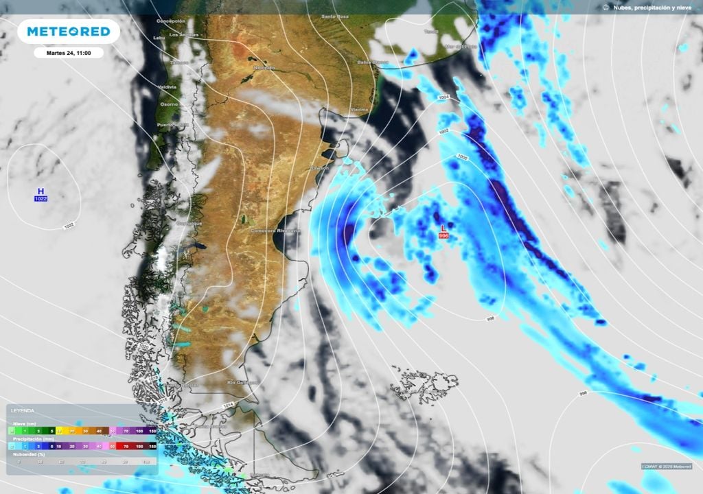 El desarrollo de un sistema de baja presión frente a la costa de Chubut será responsable de viento intenso especialmente a lo largo de la costa patagónica, y de lluvias intensas en algunos sectores del centro y sur de la región.