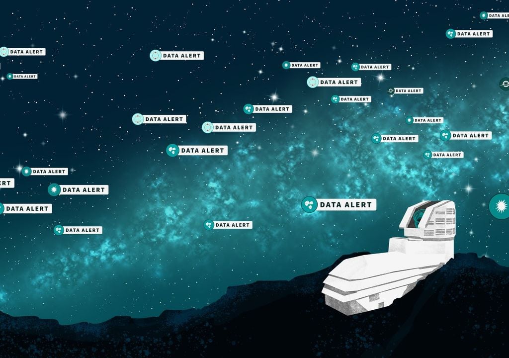 Esta ilustración artística representa el inicio de la transmisión de alertas. Los diferentes iconos representan diversos tipos de alertas, incluyendo asteroides, supernovas, núcleos galácticos activos y estrellas variables. Créditos: NSF–DOE Vera C. Rubin Observatory/NOIRLab/SLAC/AURA/P. Marenfeld/J. Pinto