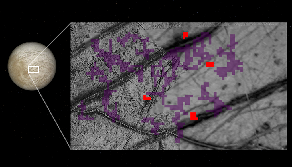 La sonda Galileo de la NASA identifica compuestos que contienen amoníaco descubiertos en la superficie de Europa, la luna de Júpiter. Créditos: NASA/JPL-Caltech.