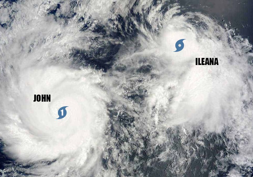 Efecto Fujiwhara, huracán John y tormenta tropical Ileana Efecto Fujiwhara, huracán John y tormenta tropical Ileana