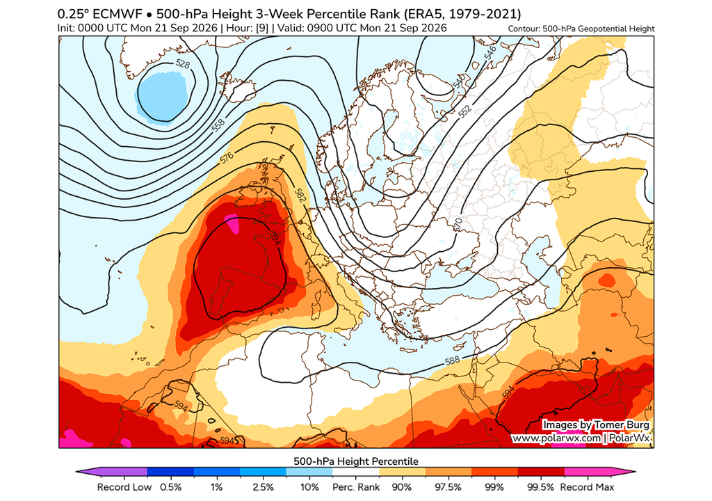 Las anomalías en los valores de geopotencial de la capa de 500 hPa, que representan unos 5500 metros de altitud, evidencian el carácter extraordinario del episodio. Fuente: polarwx.com