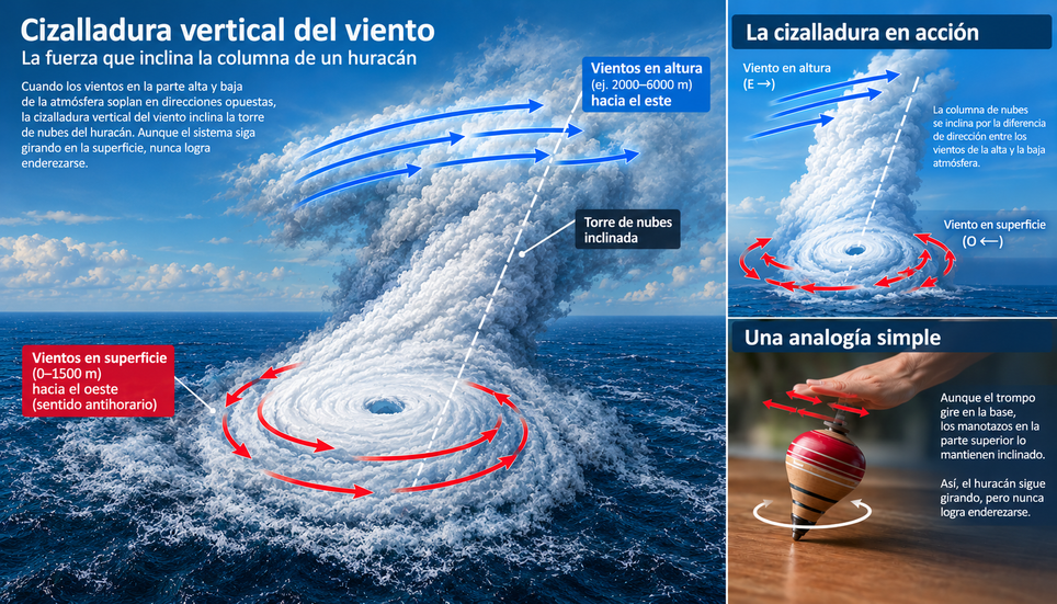 Cizalladura huracánaLe cisaillement du vent correspond à une variation de la vitesse ou de la direction du vent selon l’altitude dans l’atmosphère. Il constitue l’un des facteurs les plus déterminants dans la formation ou, au contraire, la désorganisation d’un ouragan.