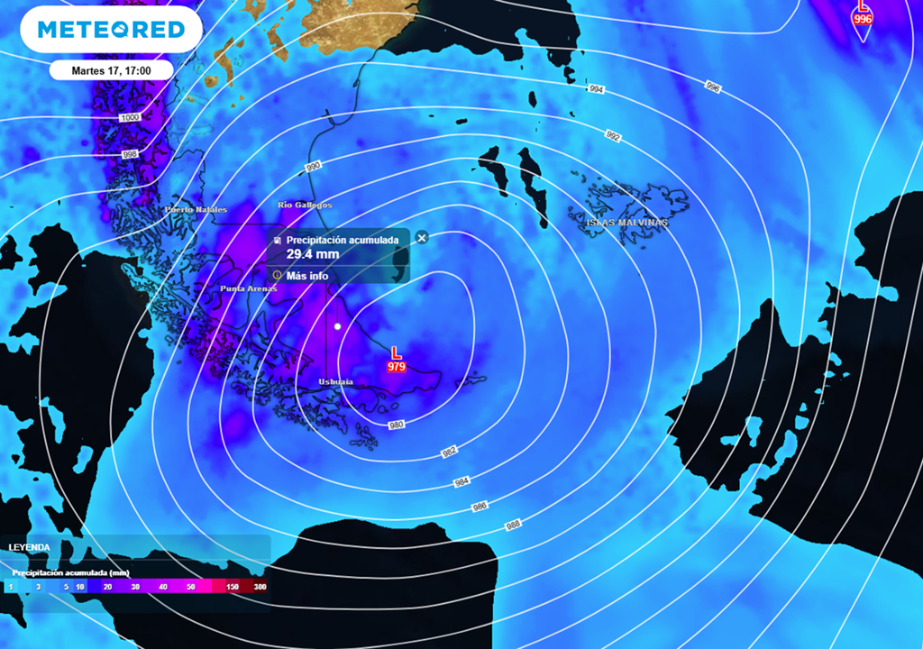 Precipitaciones acumuladas durante este martes 17 en el extremo sur de la Patagonia. Modelo: ECMWF