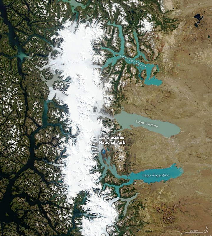 El sensor MODIS en el satélite Terra de la NASA adquirió esta imagen en color natural del Campo de Hielo Patagónico del Sur el 4 de febrero de 2019.