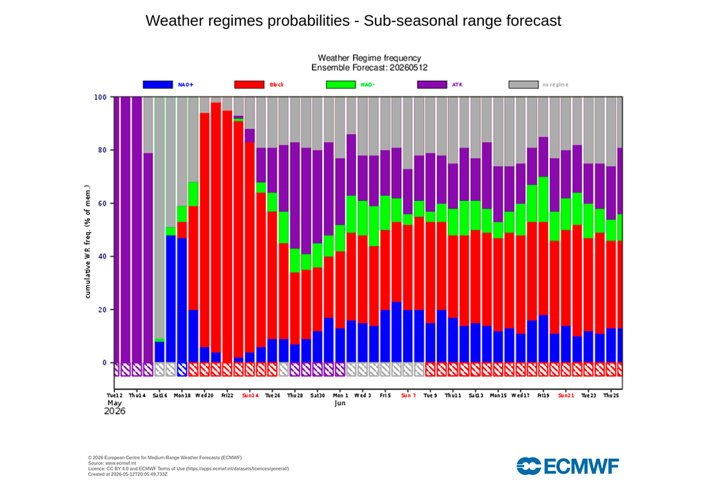 Tipos de tiempo asociados a configuraciones atmosféricas a gran escala previstos por el modelo europeo para los próximos días.