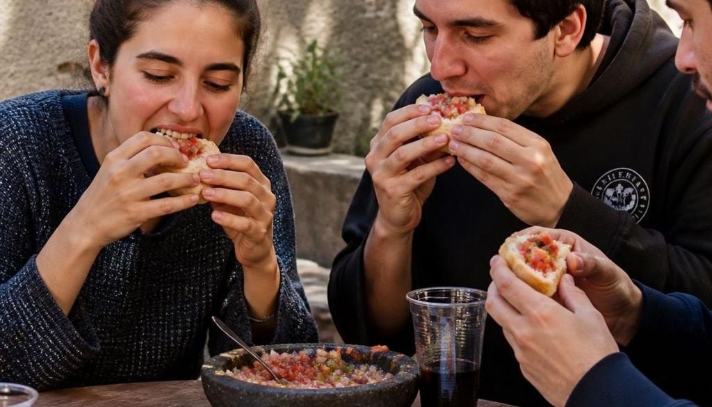 Personas comiendo pebre El pebre tradicional es recomendable para todo tipo de personas; sin embargo, su consumo debe ser supervisado en personas con enfermedades crónicas como hipertensión y diabetes.