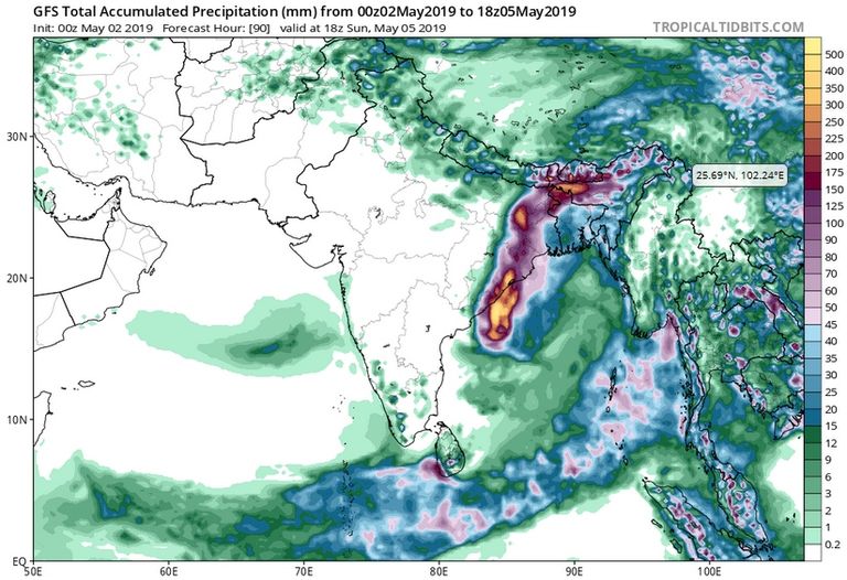 Predicción de precipitaciones acumuladas por modelo GFS entre el 2-5 de mayo de 2019. Tropicaltidbits Predicción de precipitaciones acumuladas por modelo GFS entre el 2-5 de mayo de 2019. Tropicaltidbits