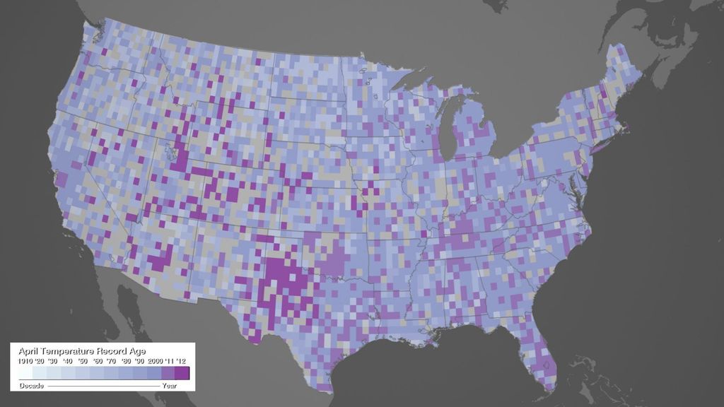 Mapa de EEUU confeccionado a partir de la NOAA Mapa de EEUU confeccionado a partir de datos de la NOAA, en el que aparece la localización geográfica y temporal de los records de temperatura máxima mensual en abril. Se aprecia cómo una gran fracción de los mismos han ocurrido desde el año 2000.