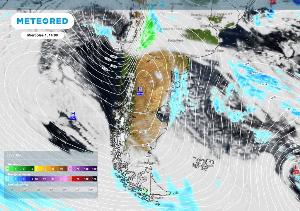 La ola de frío se hará evidente en superficie con un enorme sistema de alta presión que al inicio de mitad de semana se ubicará sobre el centro de la Patagonia. Su valor central rondará los 1040 hPa.