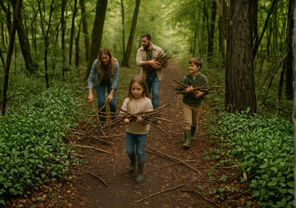 Una familia recolecta ramas secas en el bosque.