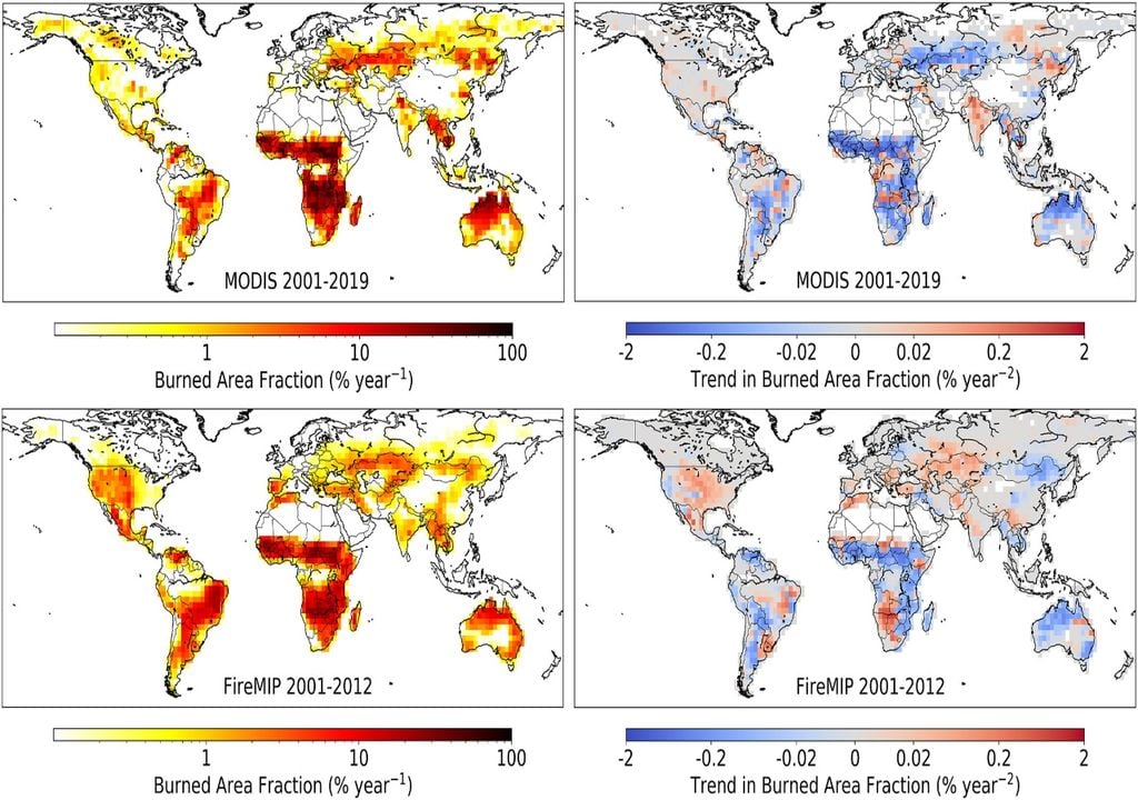 Fracción global de área quemada (AB) observada y modelada, y sus tendencias, con una resolución de 2,5°. Imagen: Reviews of Geophysics