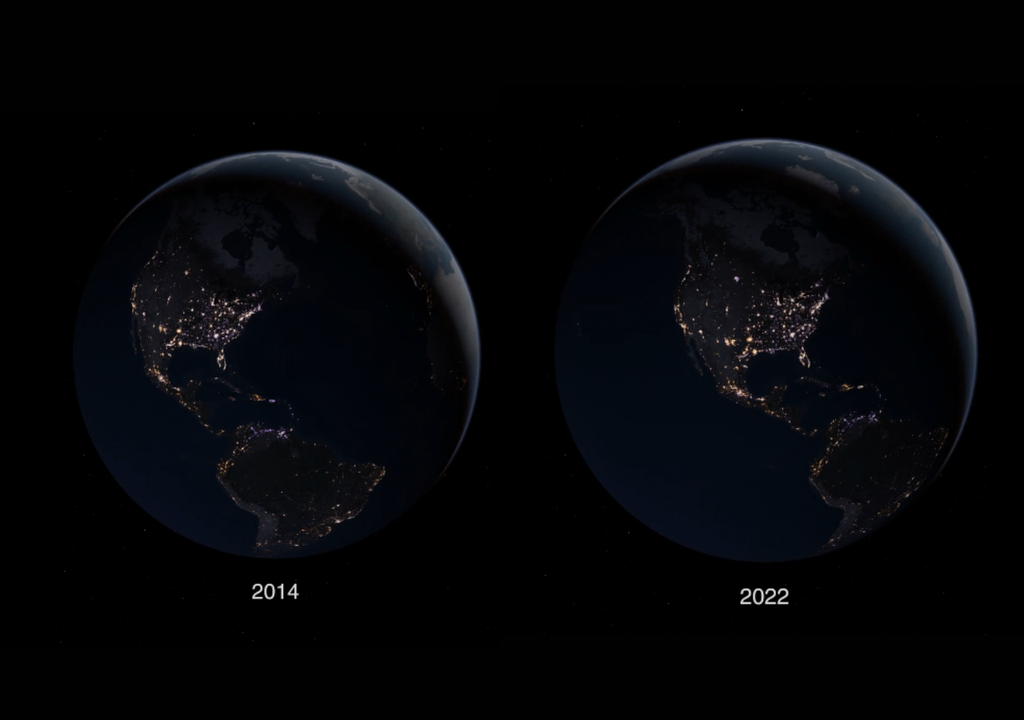 Cambio de luz nocturna en América basado en imágenes satelitales. Imagen: Kel Elkins/NASA.