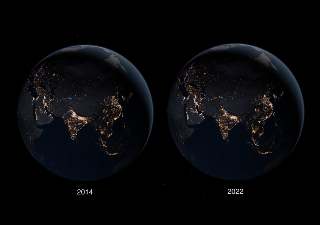 Cambio de luz nocturna en Europa, Asia, África, basado en imágenes satelitales. Imagen: Kel Elkins/NASA.