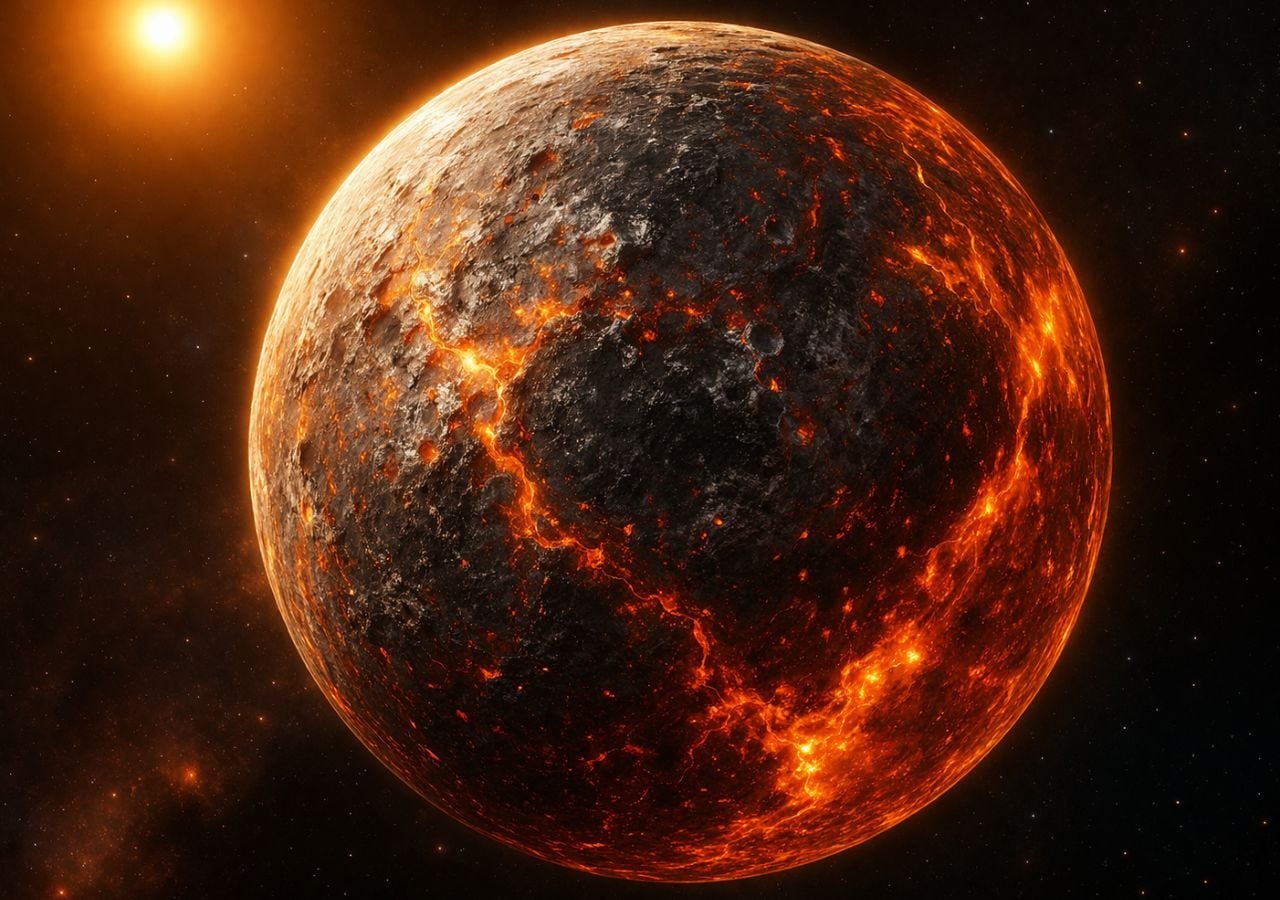 K2-360 b, l’exoplanète à la plus forte densité observée, pourrait avoir une apparence similaire à celle-ci : sa composition est principalement métallique et rocheuse. Image créée avec l’IA.