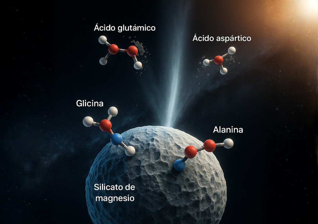 Representación artística de granos de polvo cósmico de silicato de magnesio con moléculas de glicina, alanina, ácido glutámico y ácido aspártico adheridas a su superficie. Representación artística de granos de polvo cósmico de silicato de magnesio con moléculas de glicina, alanina, ácido glutámico y ácido aspártico adheridas a su superficie.