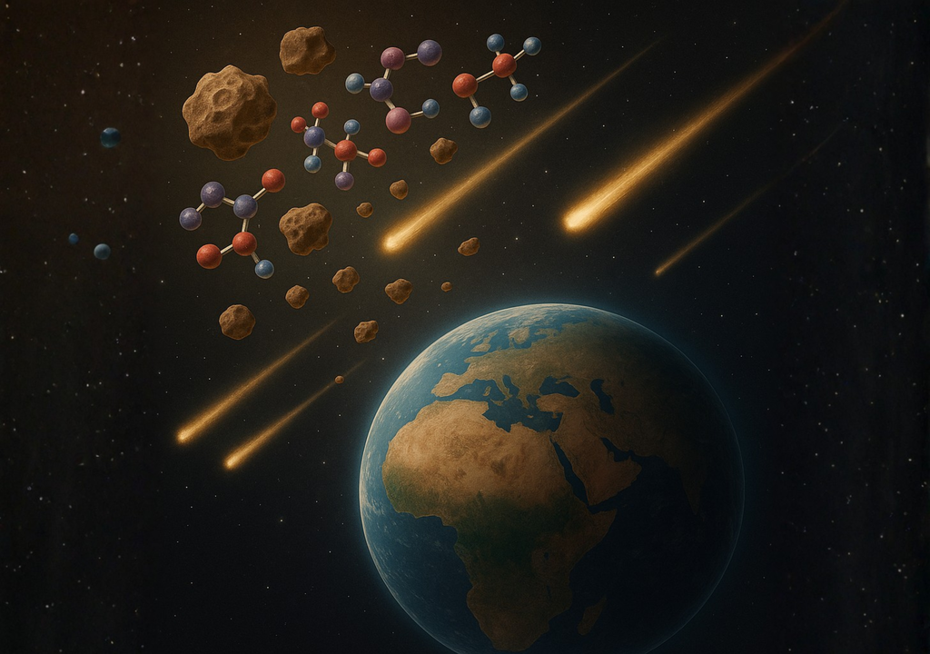 Representación artística de la Tierra primitiva recibiendo una lluvia de polvo cósmico y micrometeoritos ricos en moléculas orgánicas. Representación artística de la Tierra primitiva recibiendo una lluvia de polvo cósmico y micrometeoritos ricos en moléculas orgánicas.