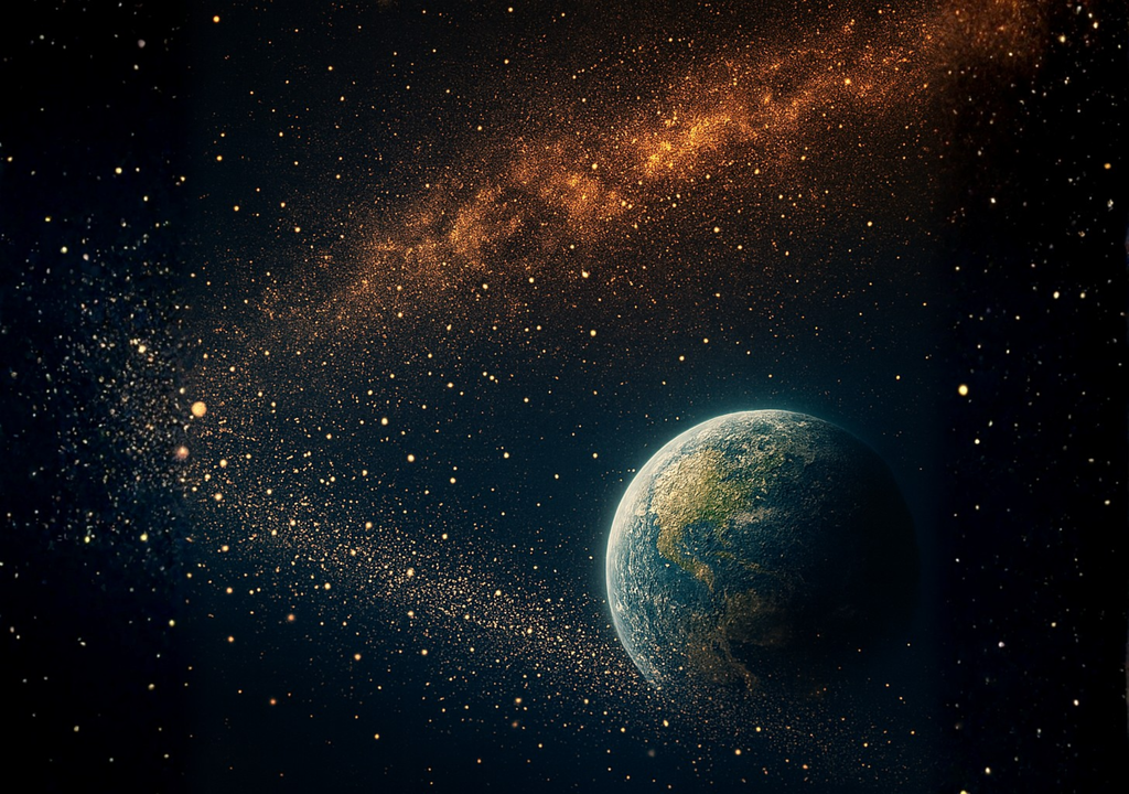 Representación artística de la Tierra primitiva rodeada de polvo cósmico y partículas interestelares.